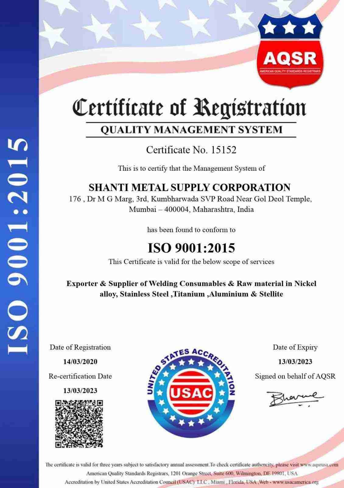 Shanti Metal Supply Corporation Certificate 1